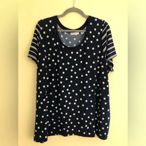 SUSAN GRAVER Blouse Womens 2X Top Polka Navy White - Picture 1 of 6